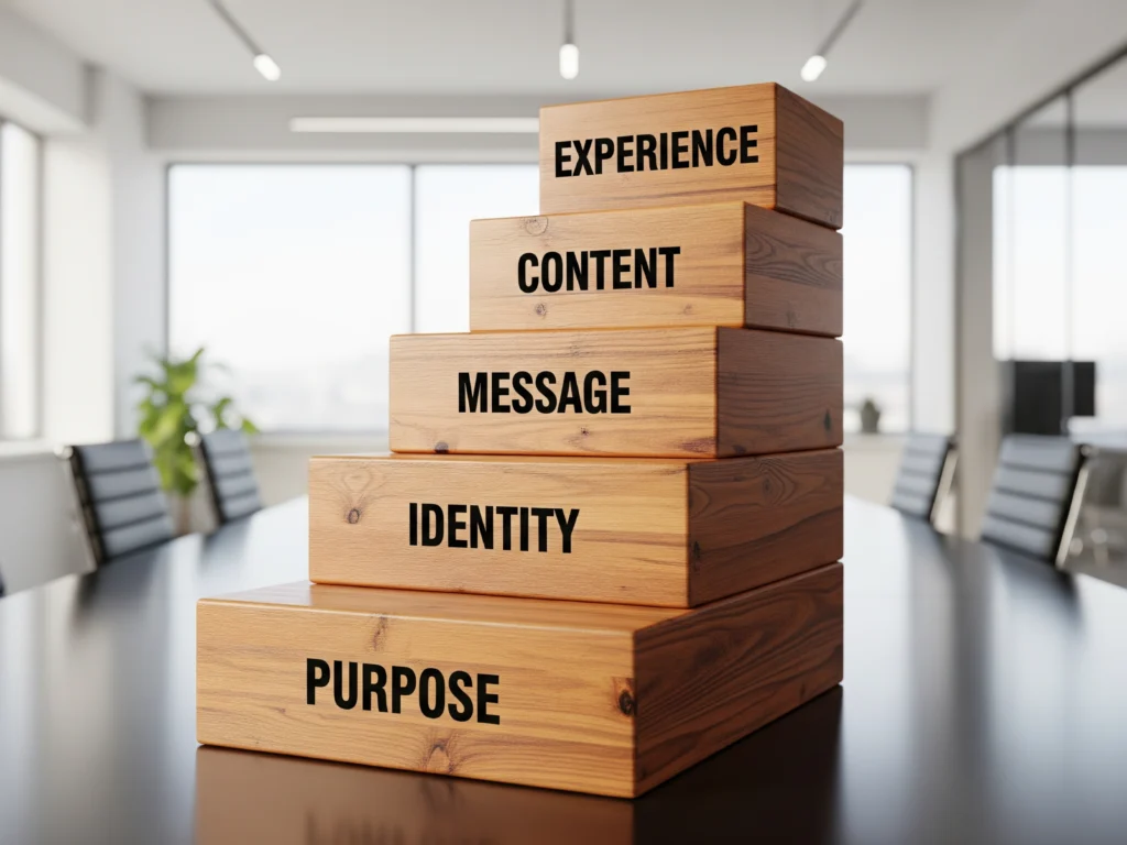A stack of wooden blocks on a boardroom table, representing the Maslow Brand Consulting strategy framework, with levels for Purpose, Identity, Message, Content, and Experience.