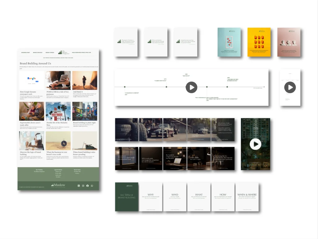 A visual flat lay of strategic assets for a small business marketing case study, including a blog, quote cards and conceptual posters for Maslow Brand Consulting.
